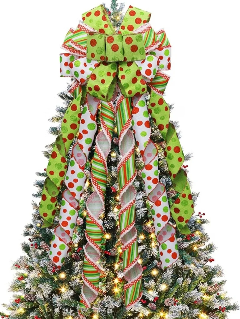 Festive Green & White Polka Dot Holiday Tree Topper Bow. NWT.